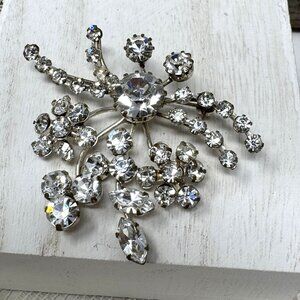Vintage Austrian Rhinestone Floral Brooch Pin Silver-Tone Statement Jewelry